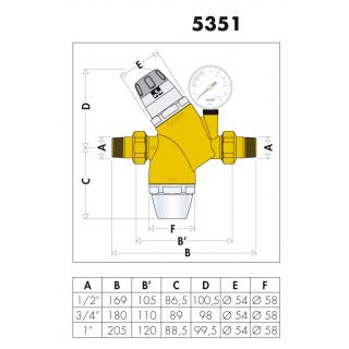 Redukční ventil tlaku vody s filtrem CALEFFI 5351 - 3/4" s manometrem obr.1